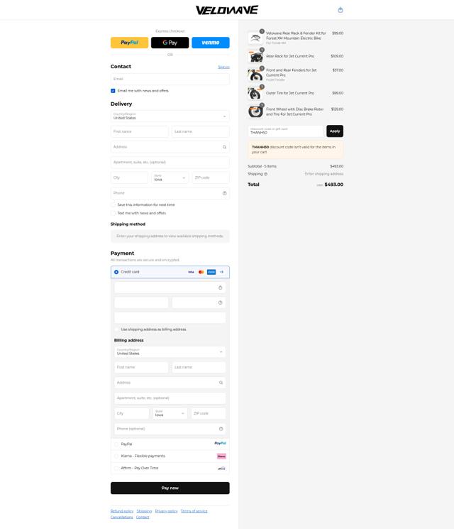 VELOWAVE Bike checkout page showing VELOWAVE Bike promo code box | Screenshot taken by SimplyCodes community member on Sep 15, 2025