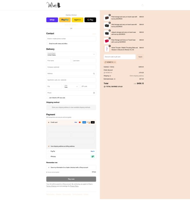 Velvet Thruster checkout page showing Velvet Thruster coupon code box | Screenshot taken by SimplyCodes community member on Sep 3, 2025