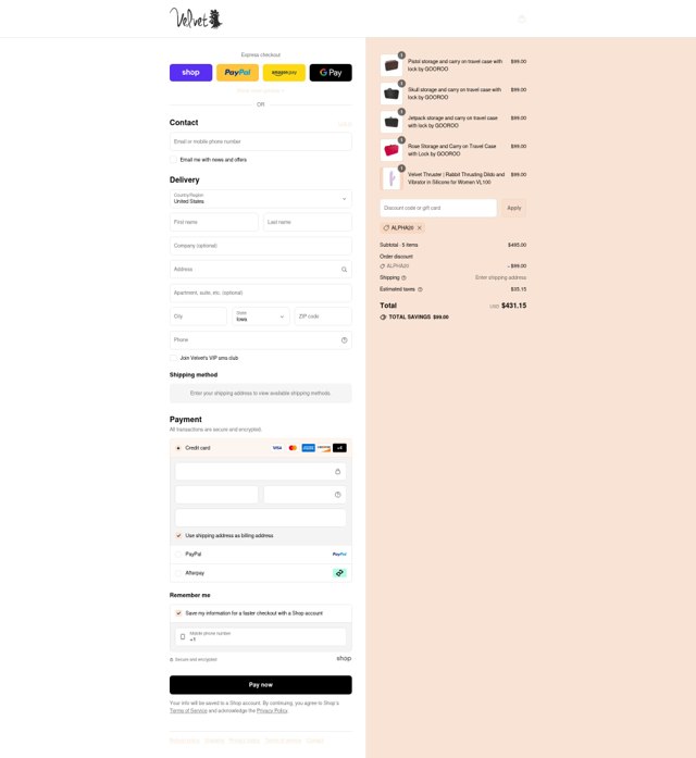 Velvet Thruster checkout page showing Velvet Thruster coupon code box | Screenshot taken by SimplyCodes community member on Sep 3, 2025