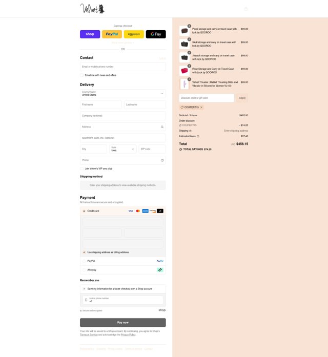 Velvet Thruster checkout page showing Velvet Thruster coupon code box | Screenshot taken by SimplyCodes community member on Sep 3, 2025