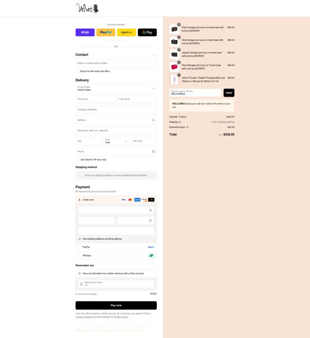 Velvet Thruster checkout page showing Velvet Thruster coupon code box | Screenshot taken by SimplyCodes community member on Sep 3, 2025