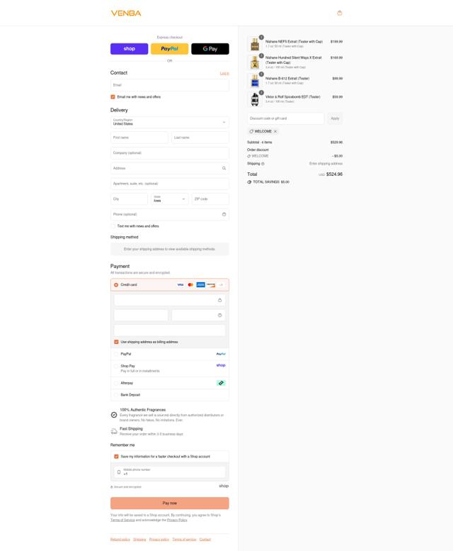 Venba Fragrance checkout page showing Venba Fragrance discount code box | Screenshot taken by SimplyCodes community member on Sep 5, 2025