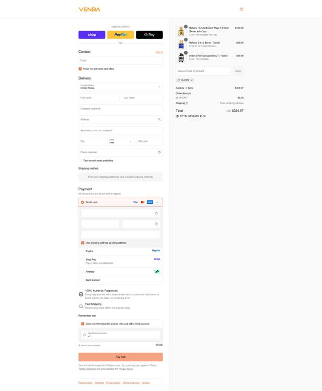 Venba Fragrance checkout page showing Venba Fragrance discount code box | Screenshot taken by SimplyCodes community member on Sep 9, 2025