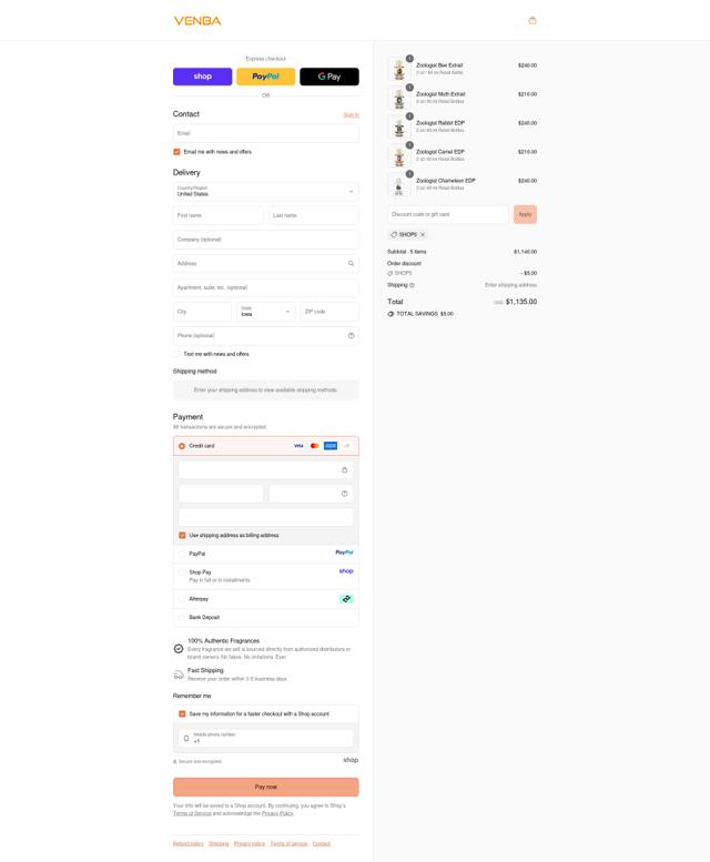 Venba Fragrance checkout page showing Venba Fragrance discount code box | Screenshot taken by SimplyCodes community member on Sep 13, 2025