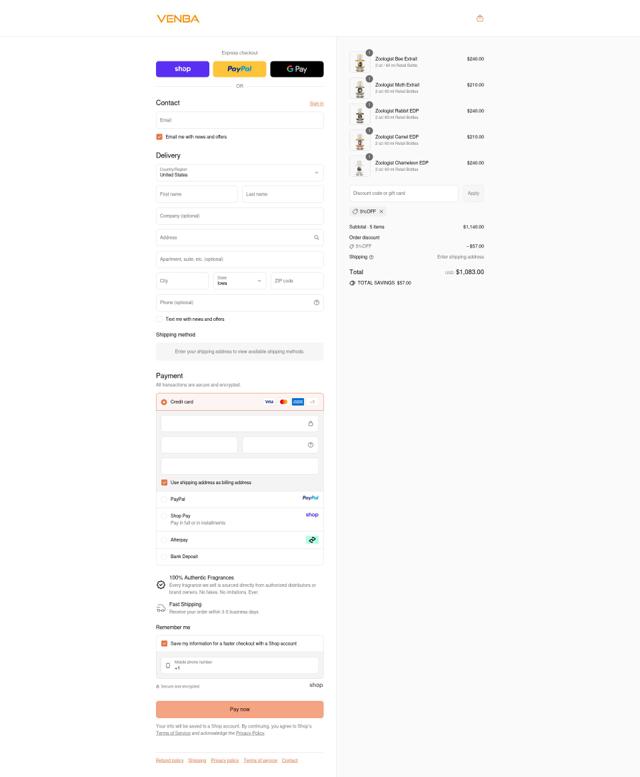 Venba Fragrance checkout page showing Venba Fragrance discount code box | Screenshot taken by SimplyCodes community member on Sep 13, 2025