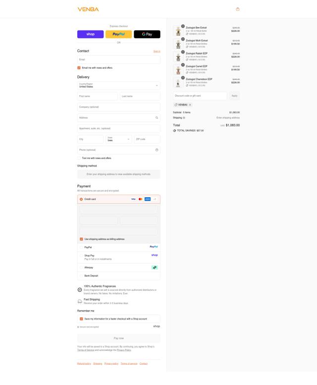 Venba Fragrance checkout page showing Venba Fragrance discount code box | Screenshot taken by SimplyCodes community member on Sep 13, 2025
