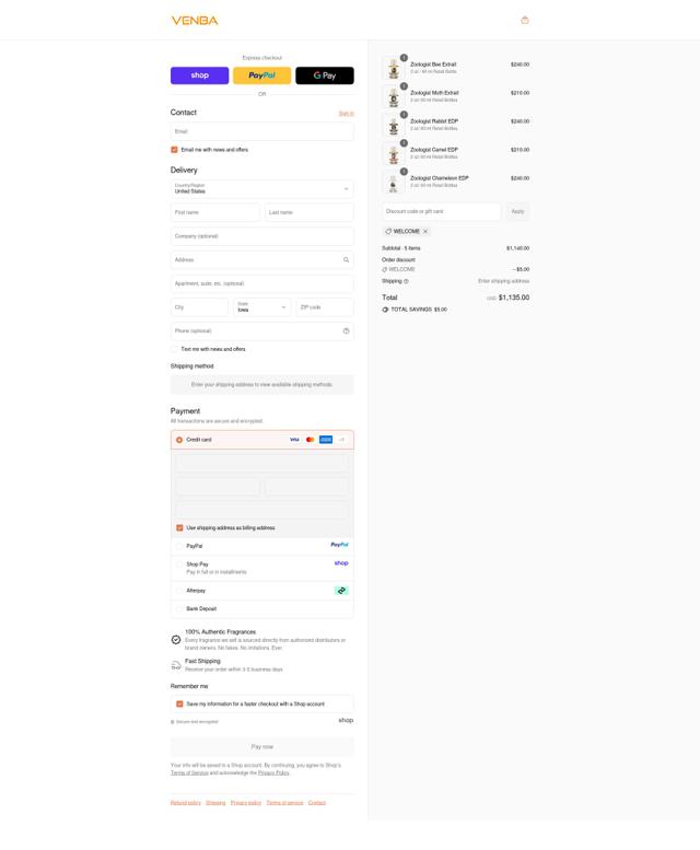 Venba Fragrance checkout page showing Venba Fragrance discount code box | Screenshot taken by SimplyCodes community member on Sep 13, 2025