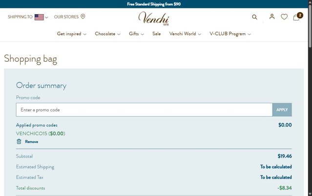 VENCHI 1878 checkout page showing VENCHI 1878 promo code box | Screenshot taken by SimplyCodes community member on Aug 28, 2025