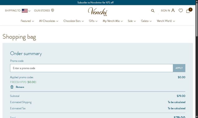 VENCHI 1878 checkout page showing VENCHI 1878 promo code box | Screenshot taken by SimplyCodes community member on Aug 2, 2025
