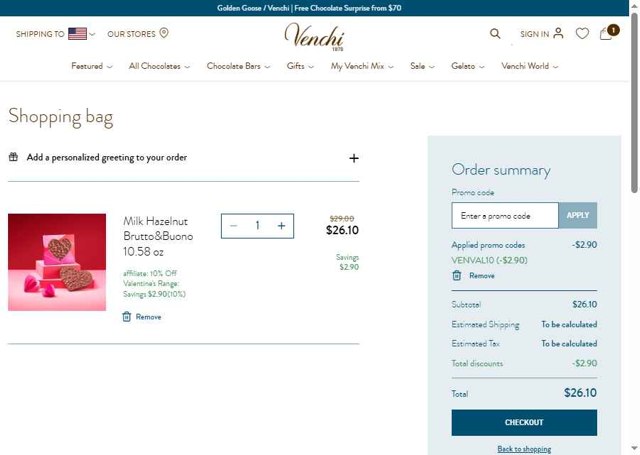 VENCHI 1878 checkout page showing VENCHI 1878 promo code box | Screenshot taken by SimplyCodes community member on Aug 5, 2025