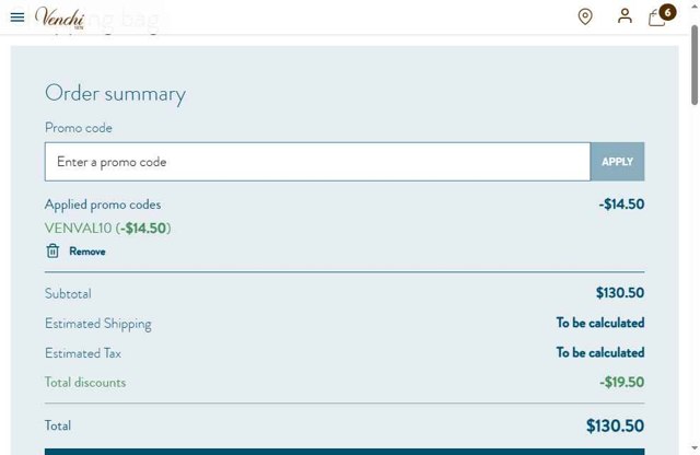 VENCHI 1878 checkout page showing VENCHI 1878 promo code box | Screenshot taken by SimplyCodes community member on Sep 3, 2025