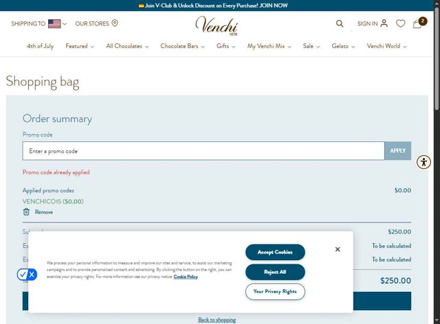 VENCHI 1878 checkout page showing VENCHI 1878 promo code box | Screenshot taken by SimplyCodes community member on Jul 3, 2025