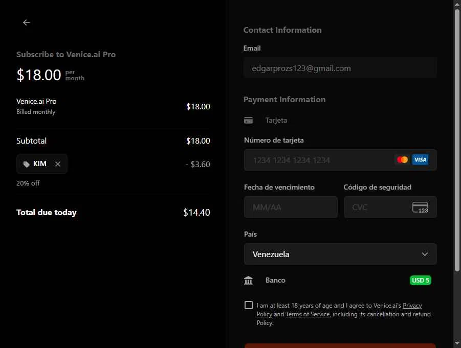 Venice checkout page showing Venice promo code box | Screenshot taken by SimplyCodes community member on Jan 19, 2026