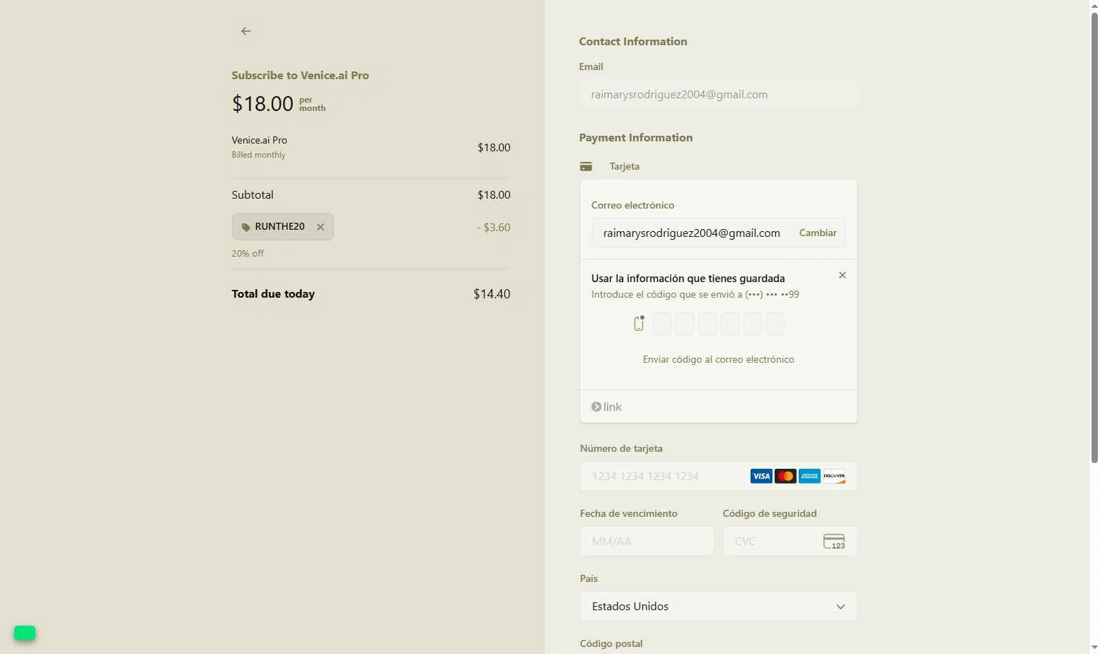 Venice checkout page showing Venice promo code box | Screenshot taken by SimplyCodes community member on Dec 23, 2025