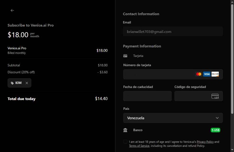 Venice checkout page showing Venice promo code box | Screenshot taken by SimplyCodes community member on Feb 17, 2026