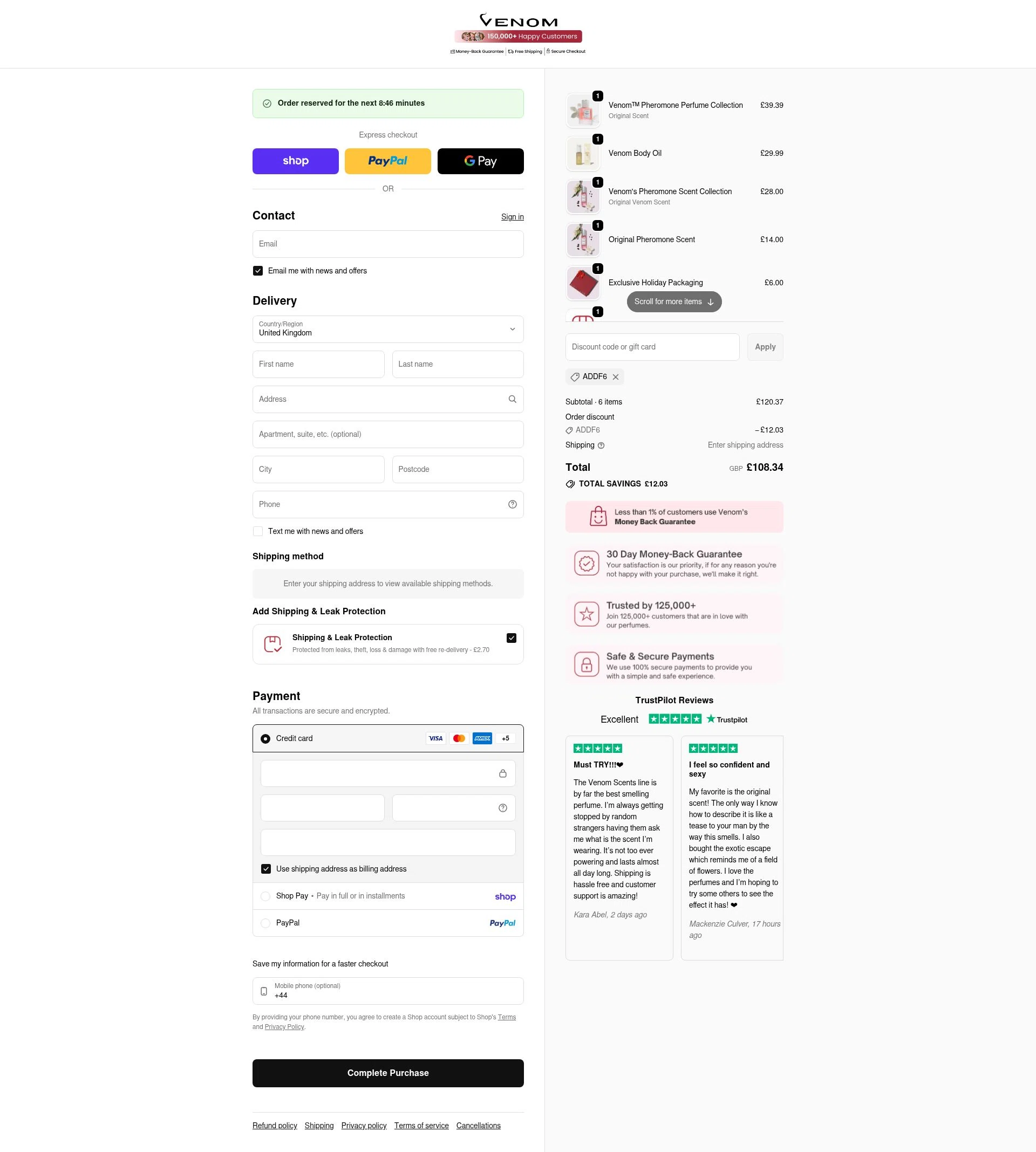 Venom Scent checkout page showing Venom Scent discount code box | Screenshot taken by SimplyCodes community member on Feb 10, 2026