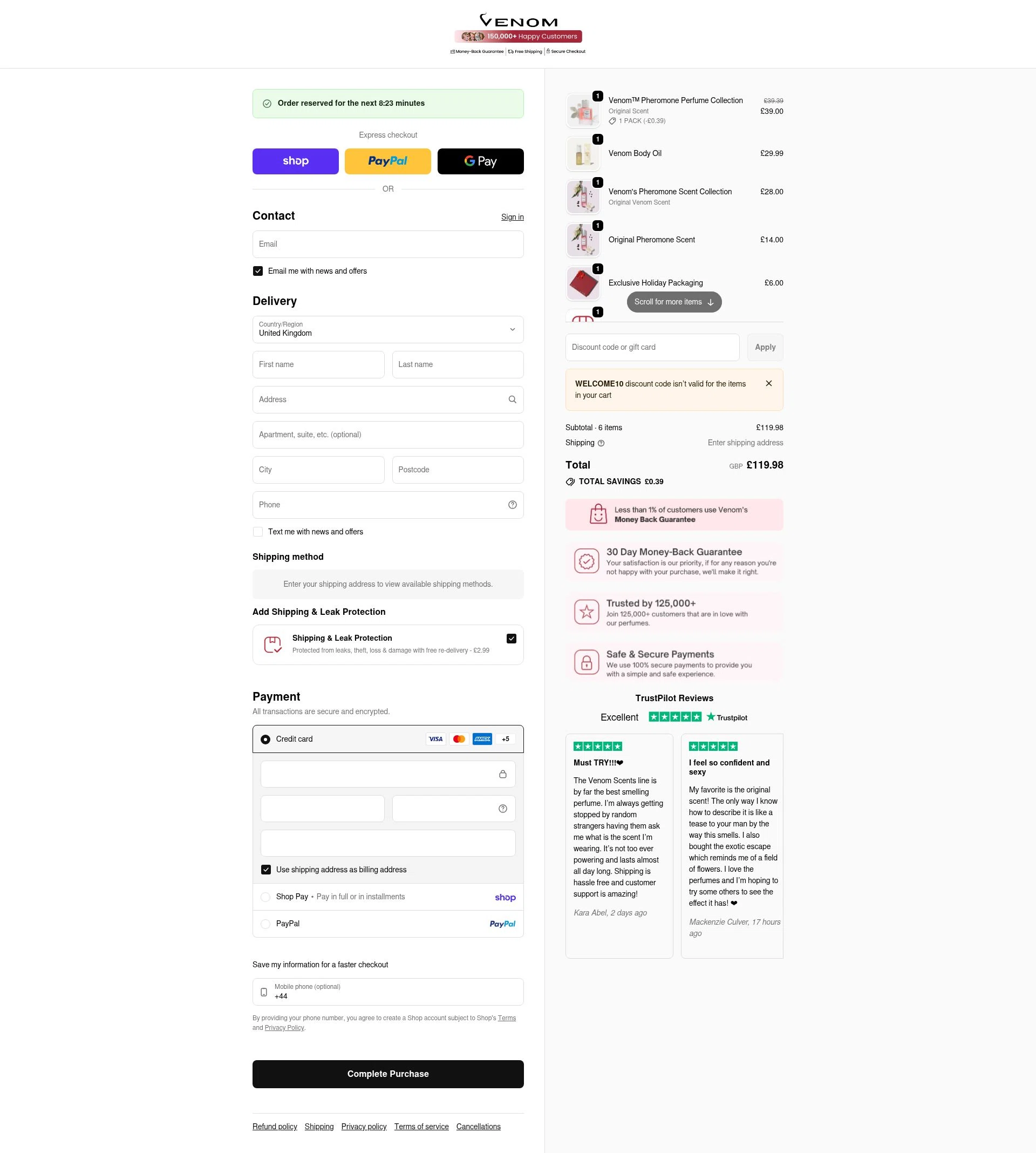 Venom Scent checkout page showing Venom Scent discount code box | Screenshot taken by SimplyCodes community member on Feb 10, 2026