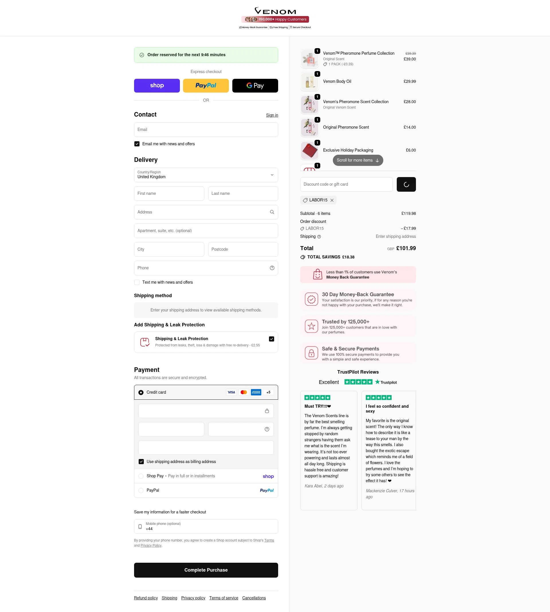 Venom Scent checkout page showing Venom Scent discount code box | Screenshot taken by SimplyCodes community member on Feb 10, 2026