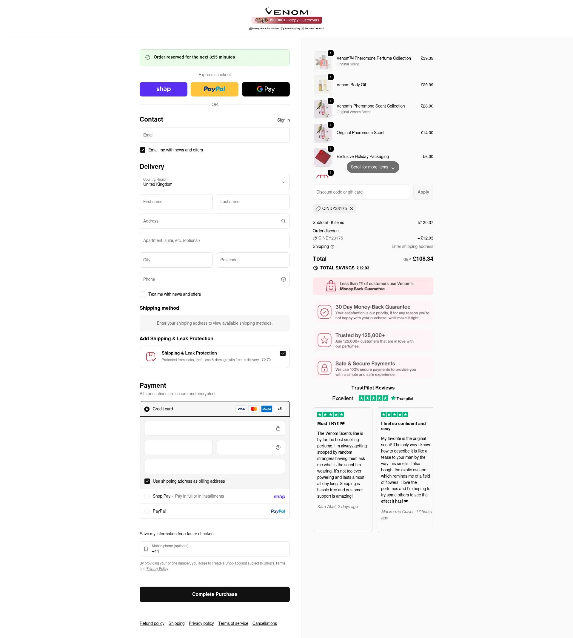 Venom Scent checkout page showing Venom Scent discount code box | Screenshot taken by SimplyCodes community member on Feb 10, 2026