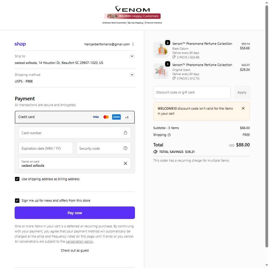 Venom Scent checkout page showing Venom Scent discount code box | Screenshot taken by SimplyCodes community member on Feb 13, 2026