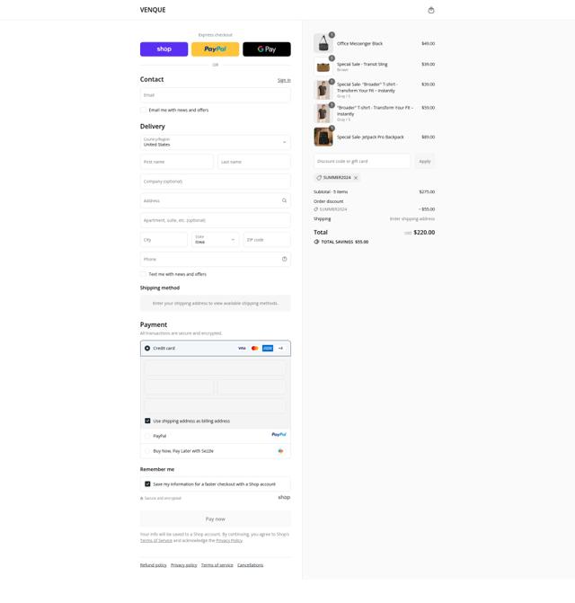 Venque checkout page showing Venque promo code box | Screenshot taken by SimplyCodes community member on Sep 12, 2025