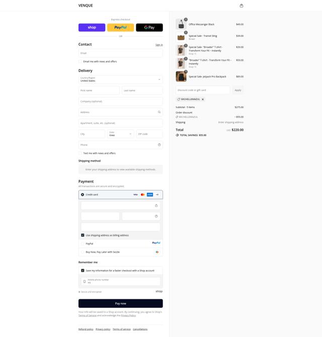 Venque checkout page showing Venque promo code box | Screenshot taken by SimplyCodes community member on Sep 12, 2025