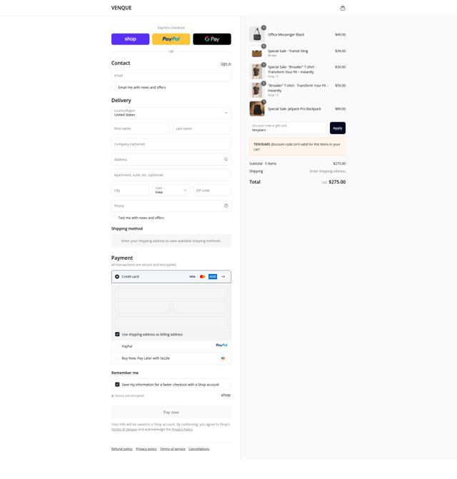 Venque checkout page showing Venque promo code box | Screenshot taken by SimplyCodes community member on Sep 12, 2025