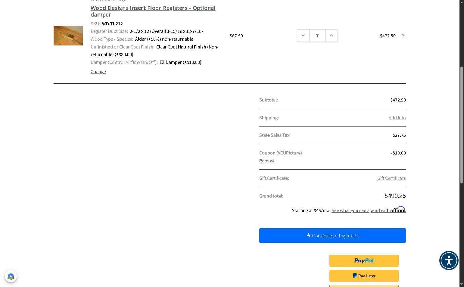 Vent Covers Unlimited checkout page showing Vent Covers Unlimited coupon code box | Screenshot taken by SimplyCodes community member on Jan 31, 2026
