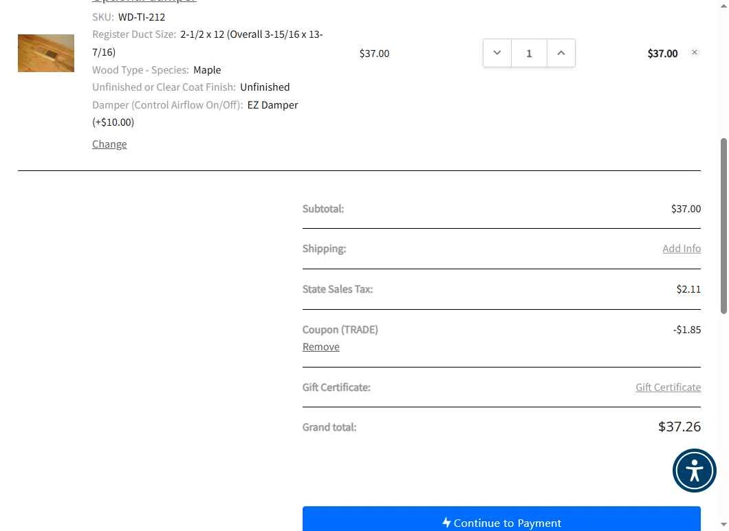 Vent Covers Unlimited checkout page showing Vent Covers Unlimited coupon code box | Screenshot taken by SimplyCodes community member on Jan 15, 2026