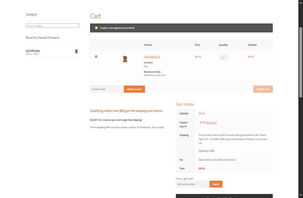 Venture Surplus checkout page showing Venture Surplus coupon code box | Screenshot taken by SimplyCodes community member on Oct 6, 2025