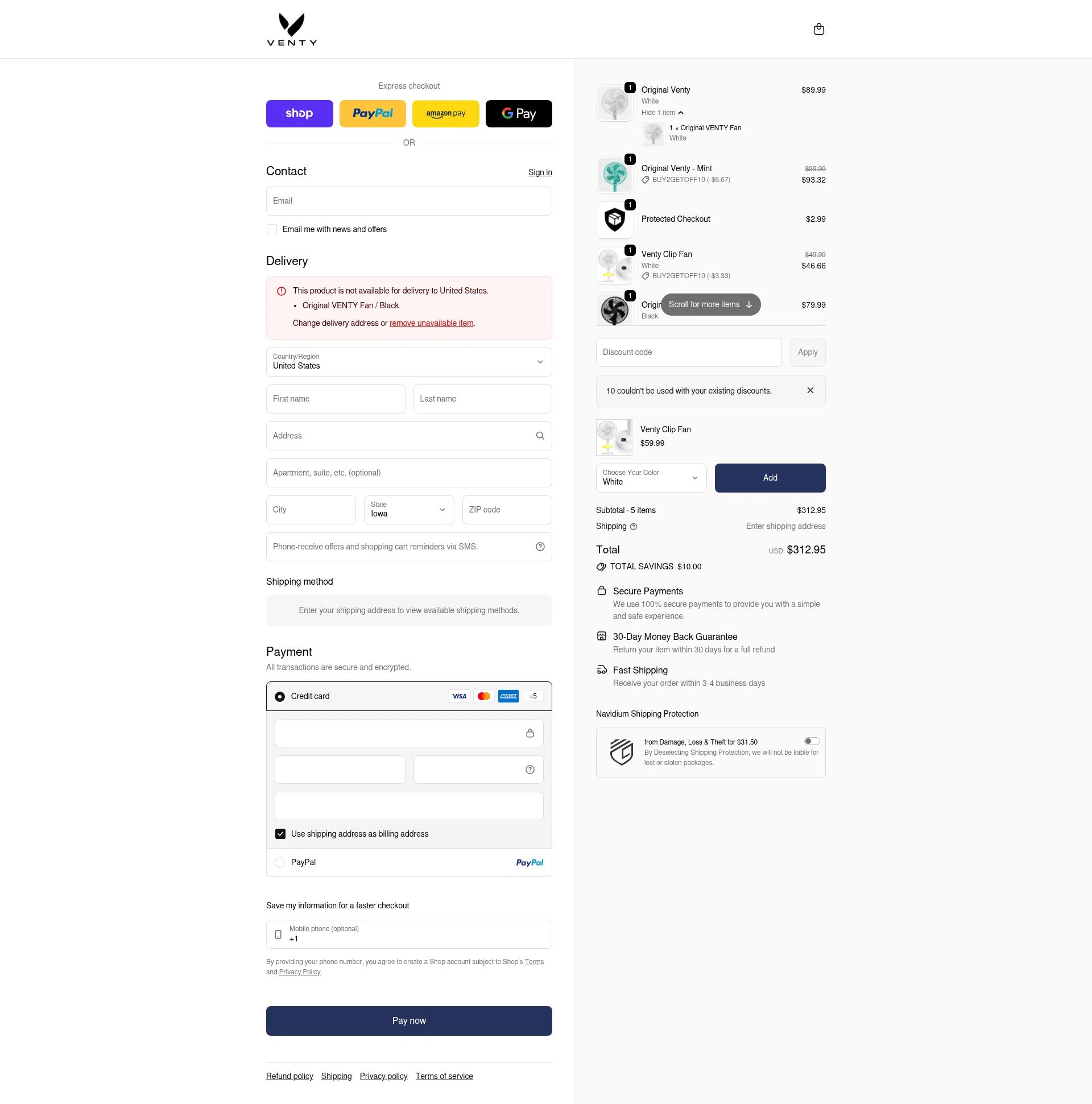 Venty checkout page showing Venty discount code box | Screenshot taken by SimplyCodes community member on Feb 5, 2026