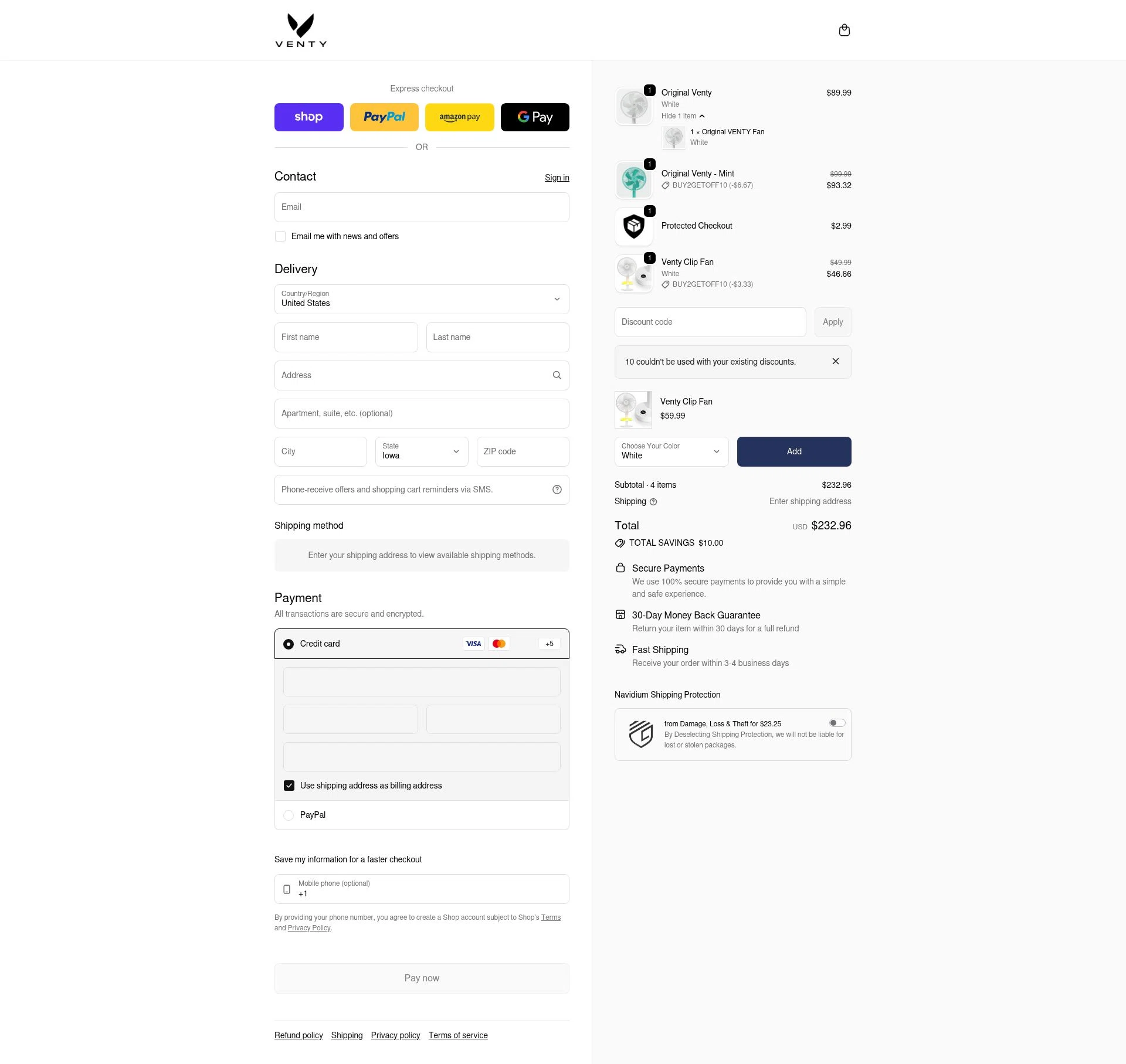 Venty checkout page showing Venty discount code box | Screenshot taken by SimplyCodes community member on Jan 31, 2026