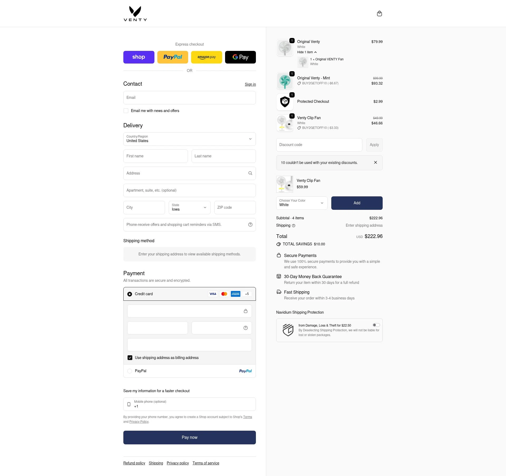 Venty checkout page showing Venty discount code box | Screenshot taken by SimplyCodes community member on Jan 7, 2026