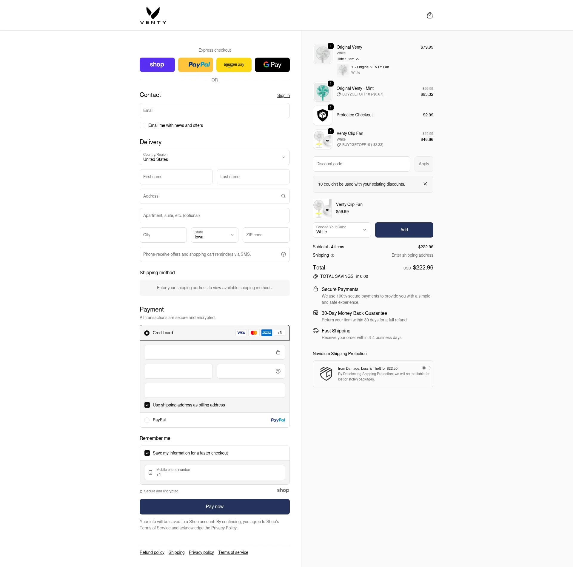 Venty checkout page showing Venty discount code box | Screenshot taken by SimplyCodes community member on Jan 2, 2026