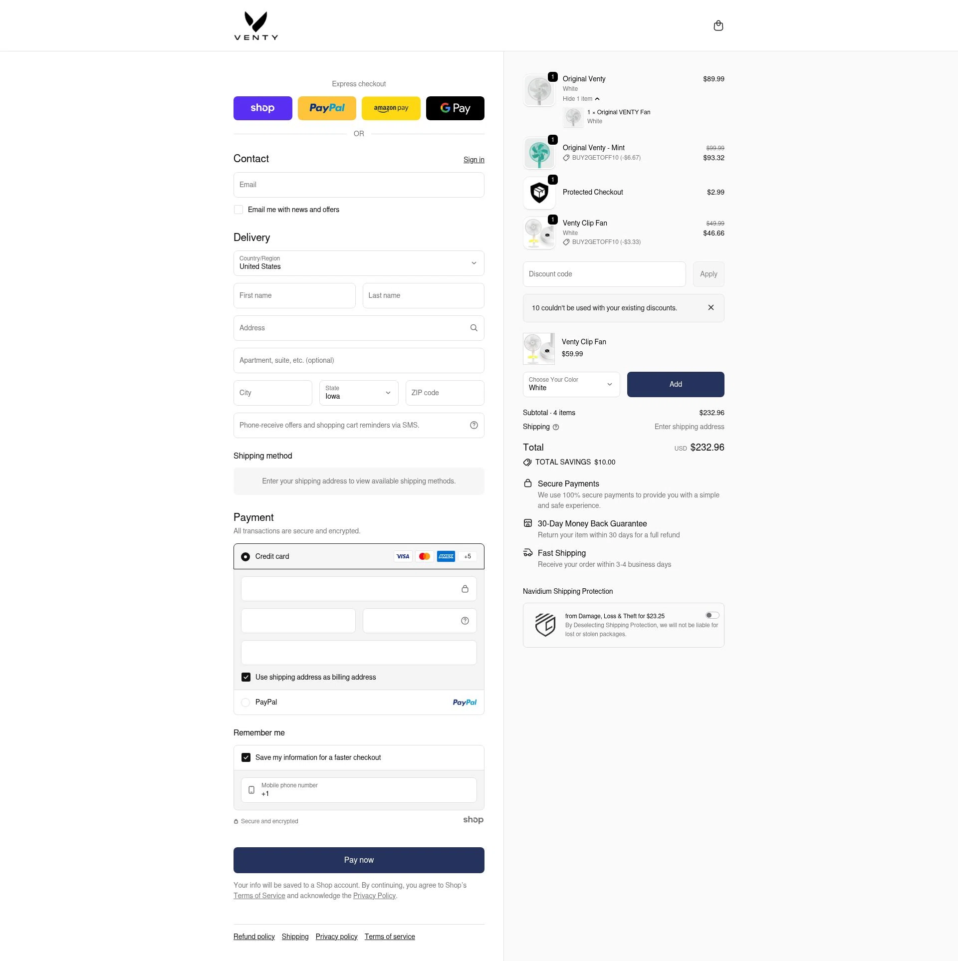 Venty checkout page showing Venty discount code box | Screenshot taken by SimplyCodes community member on Jan 22, 2026