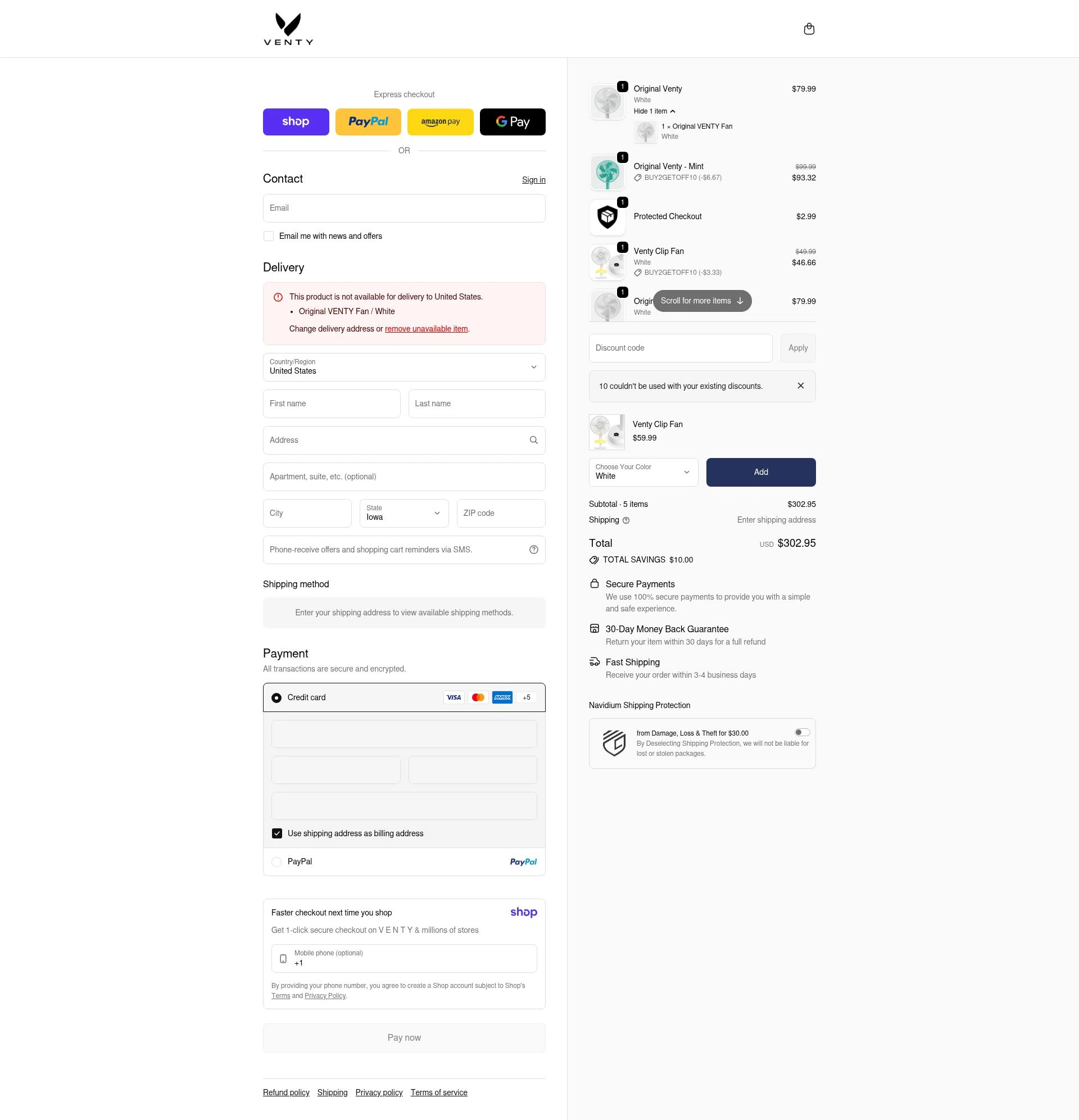 Venty checkout page showing Venty discount code box | Screenshot taken by SimplyCodes community member on Jan 12, 2026