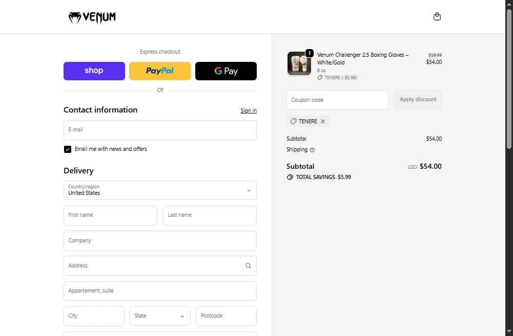 Venum checkout page showing Venum discount code box | Screenshot taken by SimplyCodes community member on Feb 12, 2026
