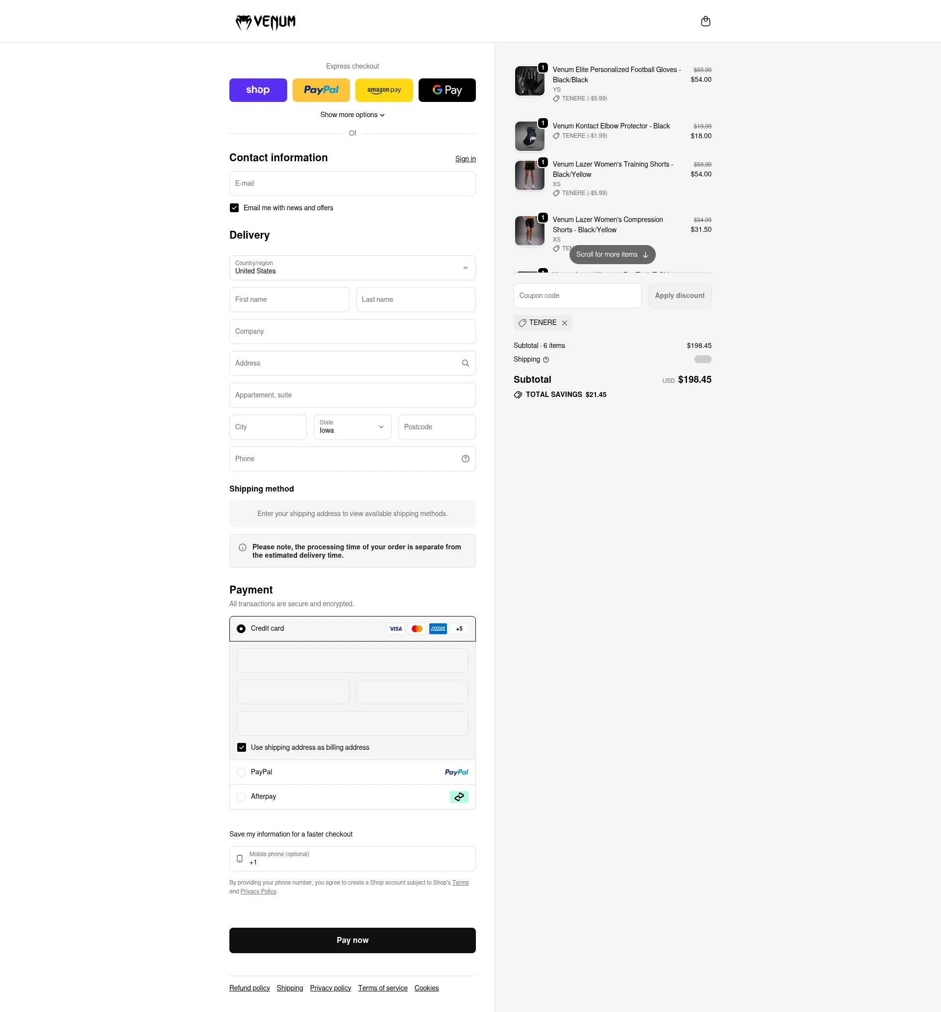 Venum checkout page showing Venum discount code box | Screenshot taken by SimplyCodes community member on Feb 13, 2026