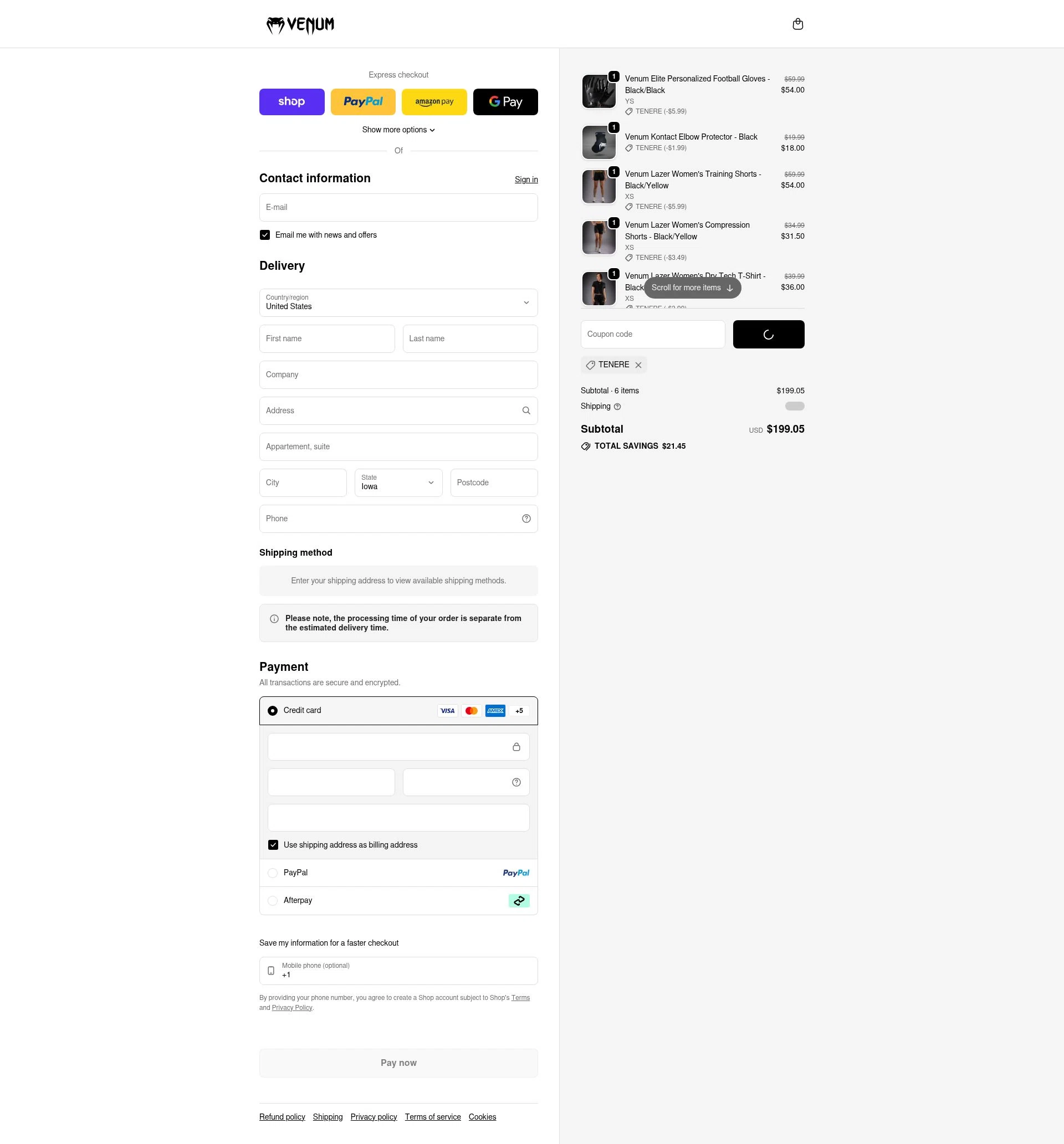 Venum checkout page showing Venum discount code box | Screenshot taken by SimplyCodes community member on Feb 2, 2026