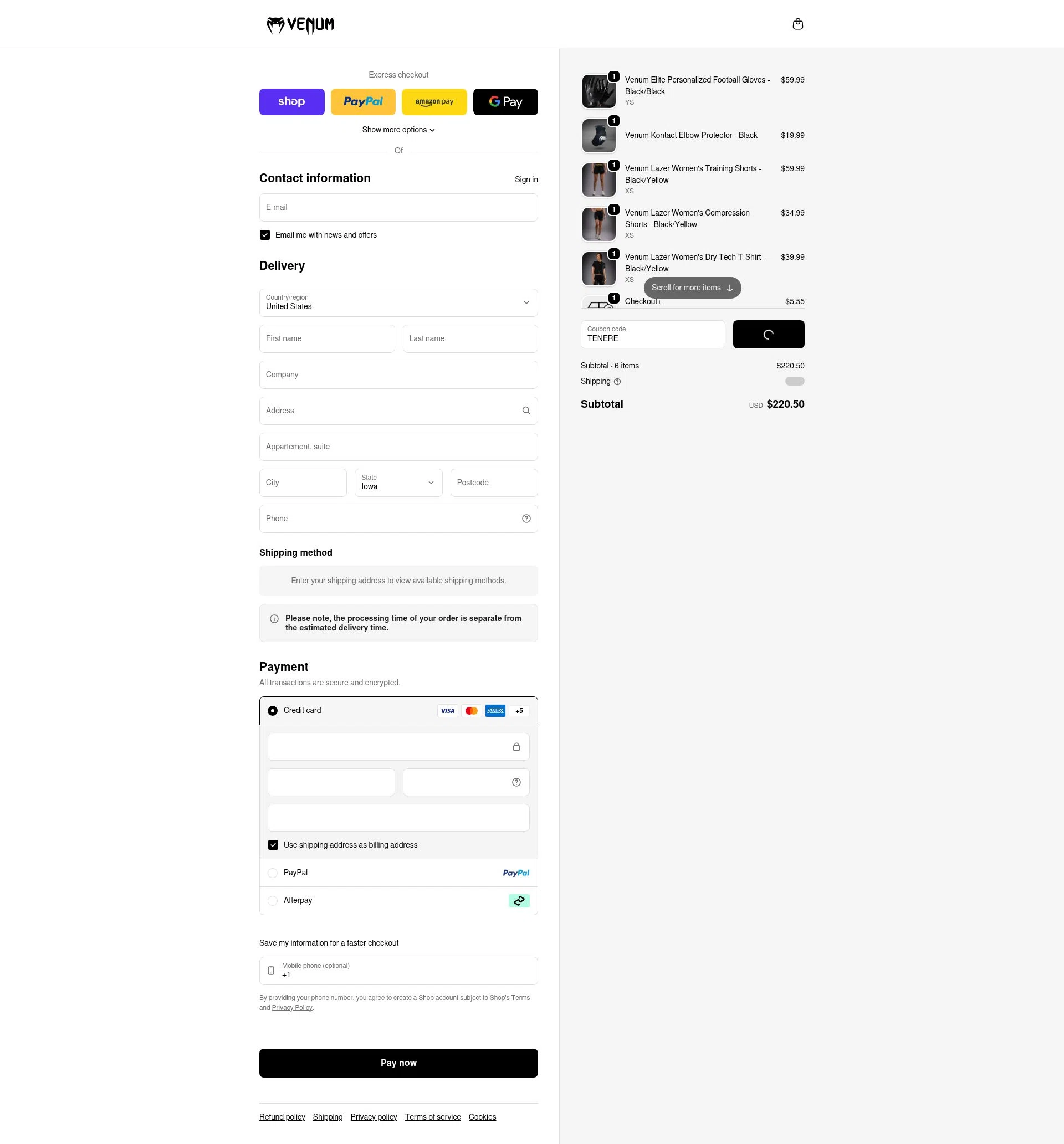 Venum checkout page showing Venum discount code box | Screenshot taken by SimplyCodes community member on Feb 10, 2026