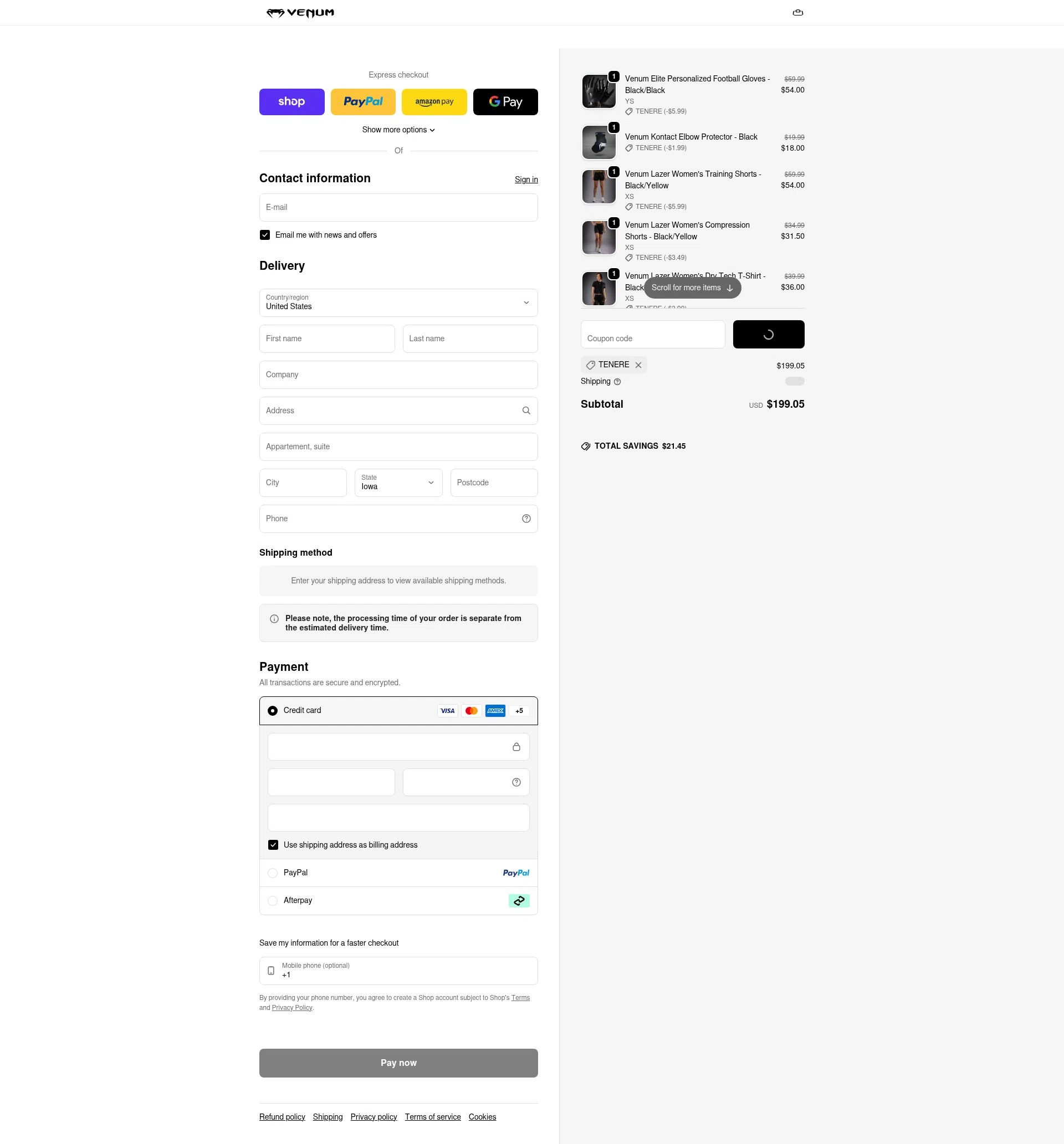 Venum checkout page showing Venum discount code box | Screenshot taken by SimplyCodes community member on Feb 11, 2026