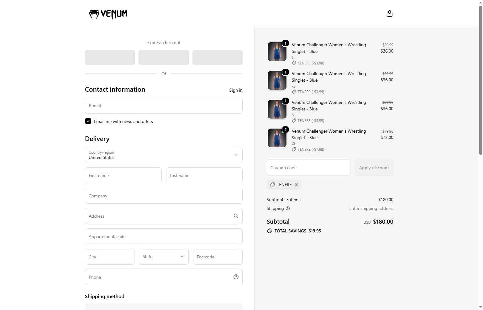 Venum checkout page showing Venum discount code box | Screenshot taken by SimplyCodes community member on Feb 9, 2026