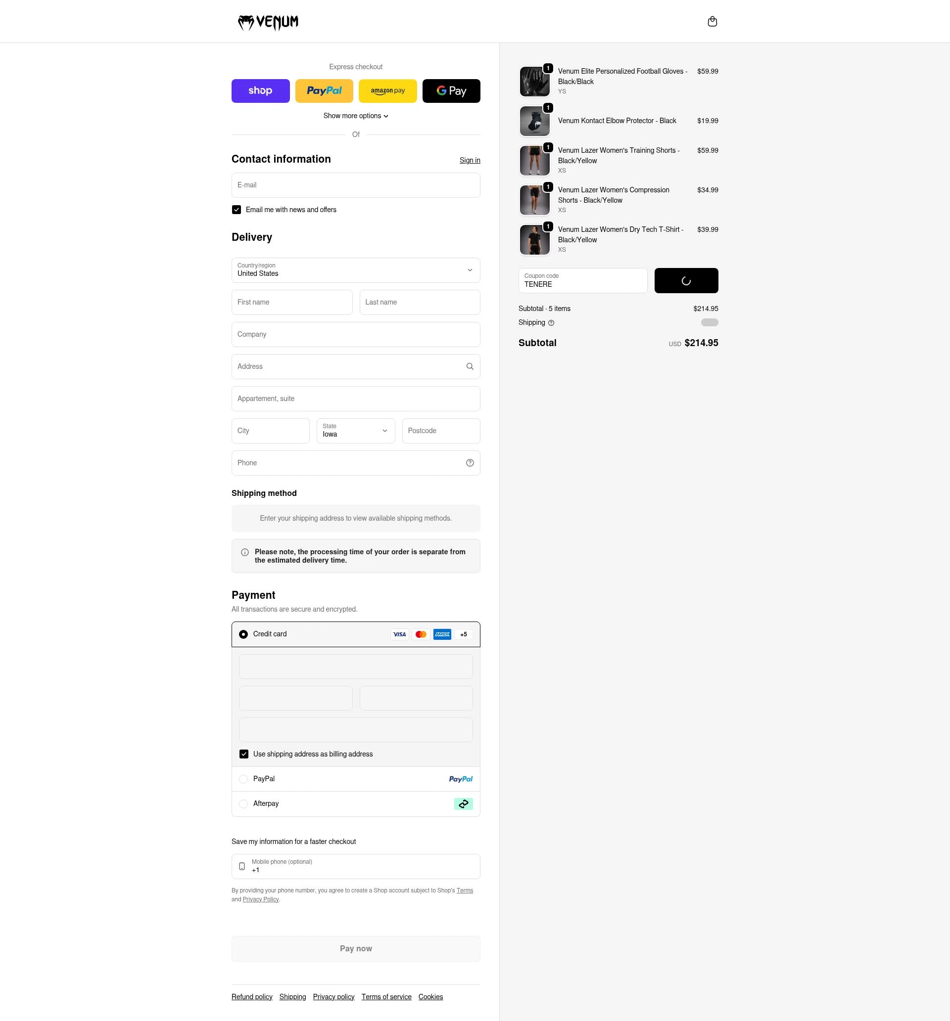 Venum checkout page showing Venum discount code box | Screenshot taken by SimplyCodes community member on Feb 7, 2026