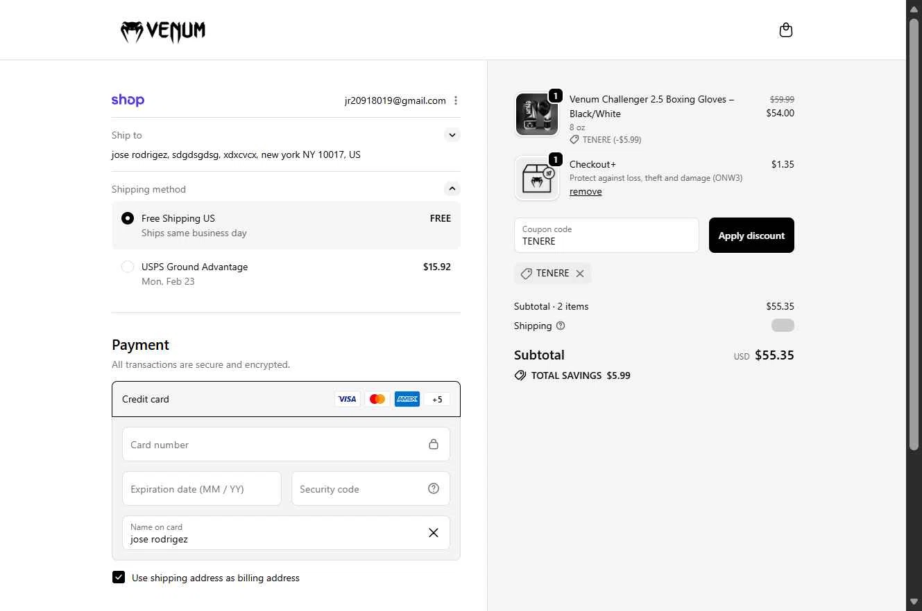Venum checkout page showing Venum discount code box | Screenshot taken by SimplyCodes community member on Feb 15, 2026