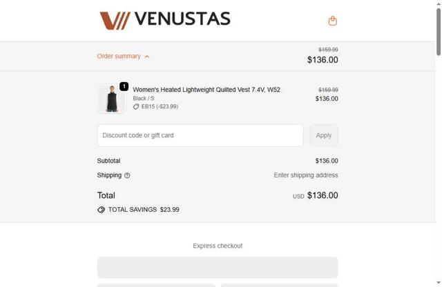 Venustas checkout page showing Venustas discount code box | Screenshot taken by SimplyCodes community member on Sep 26, 2025