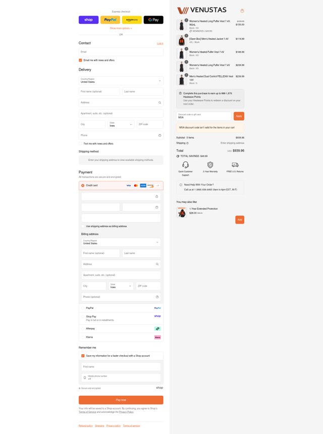 Venustas checkout page showing Venustas discount code box | Screenshot taken by SimplyCodes community member on Sep 4, 2025