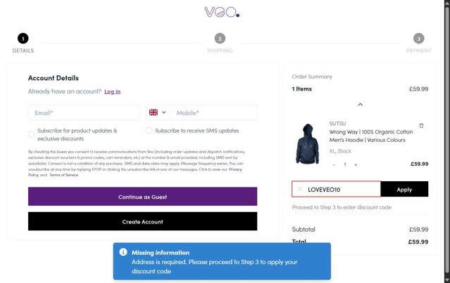 Veo World checkout page showing Veo World promo code box | Screenshot taken by SimplyCodes community member on Aug 24, 2025