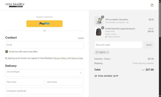 Vera Bradley Outlet checkout page showing Vera Bradley Outlet discount code box | Screenshot taken by SimplyCodes community member on May 15, 2025