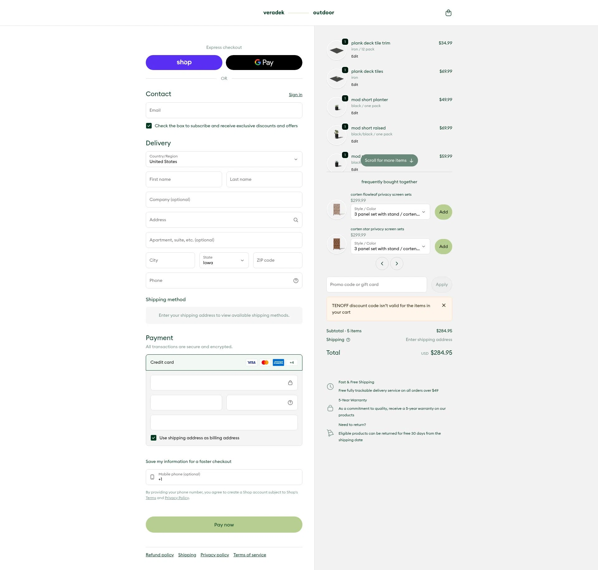 Veradek Outdoor checkout page showing Veradek Outdoor promo code box | Screenshot taken by SimplyCodes community member on Feb 5, 2026
