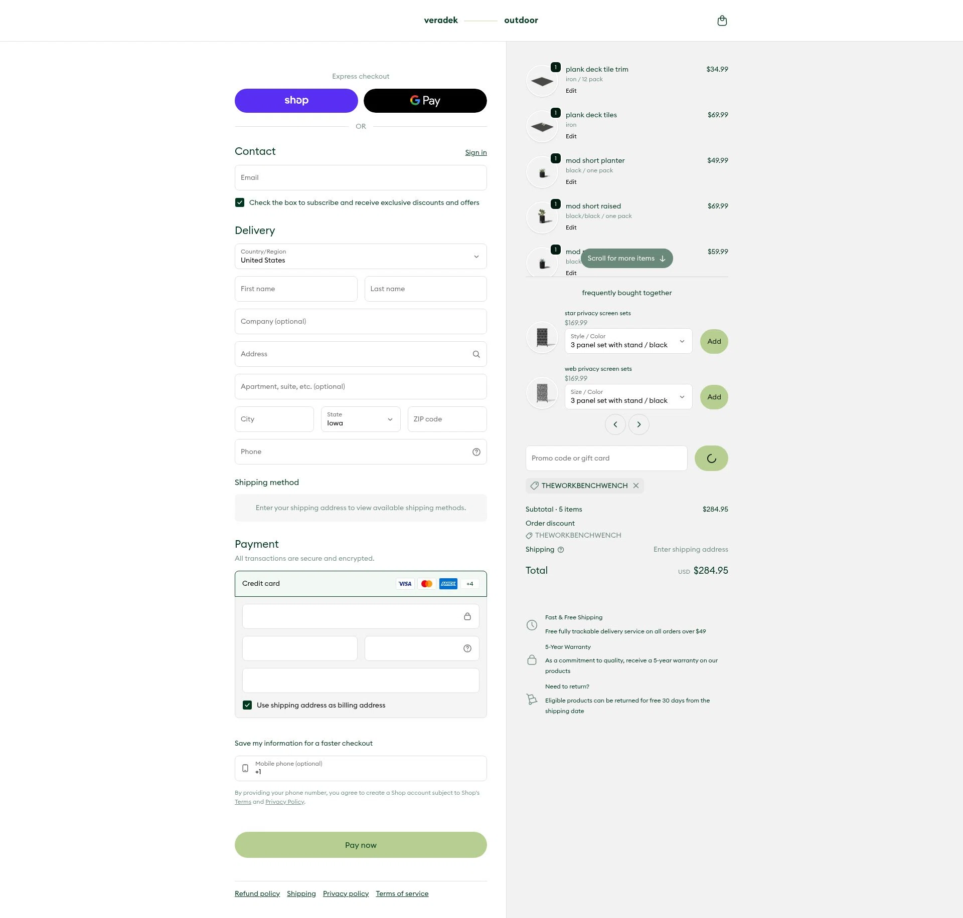Veradek Outdoor checkout page showing Veradek Outdoor promo code box | Screenshot taken by SimplyCodes community member on Feb 5, 2026